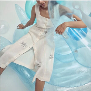 Madewell Button Front Midi Dress 100% Linen Eyelet White 10 Floral Needlepoint